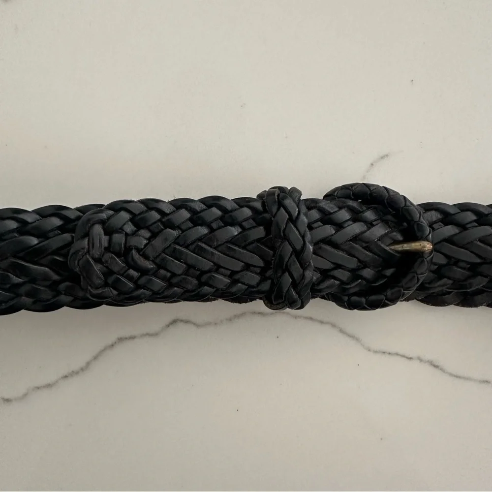 Vintage Cole Haan Braided Leather Belt with Round Covered Buckle Black 28 / S
